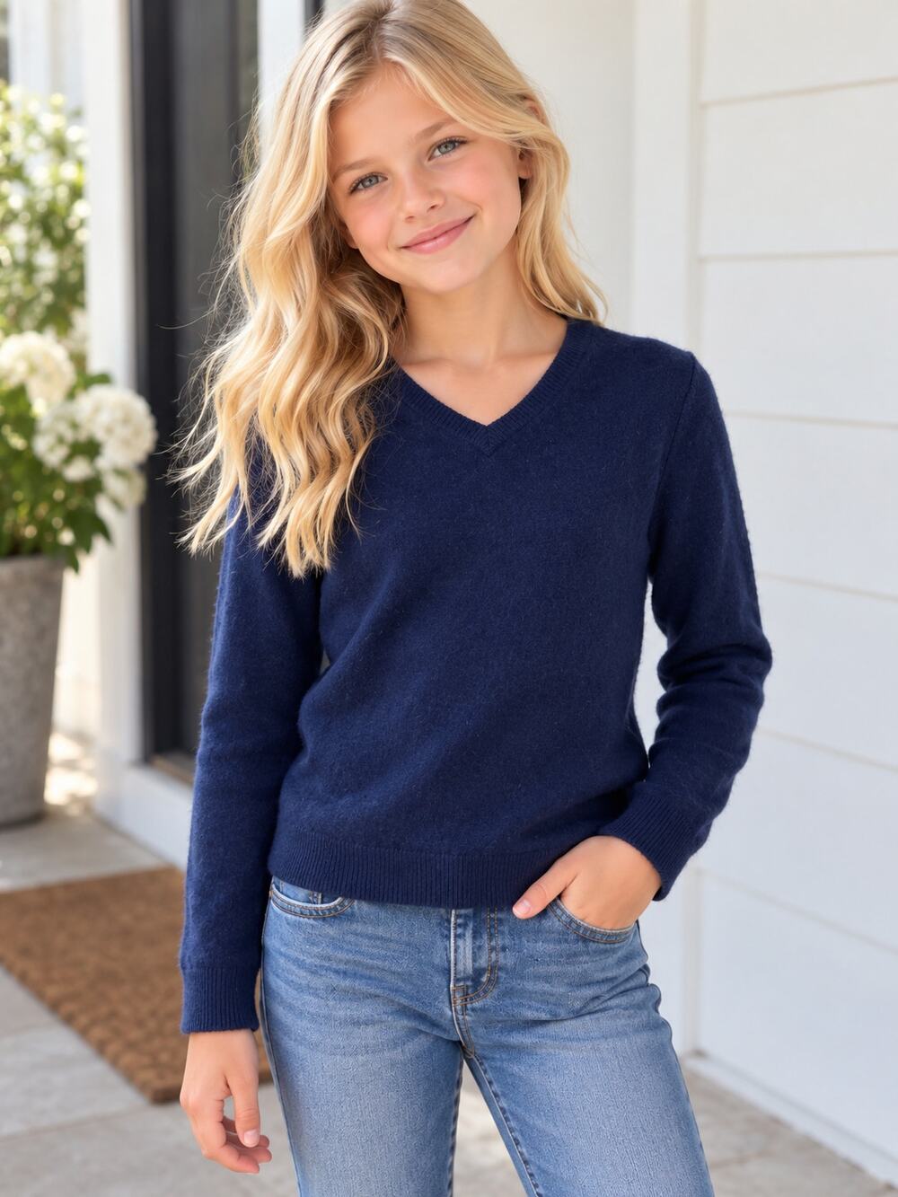 Quince Girls Size 10 100% Cashmere Navy Blue V-Neck Sweater